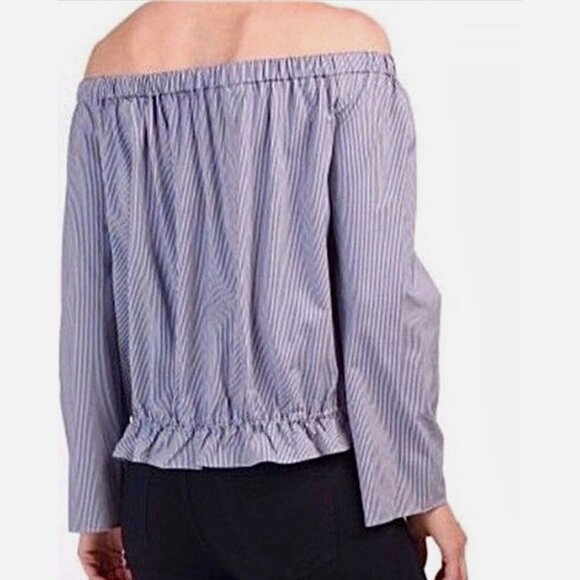 Theory Blue White Odettah Soft Seersucker Off Shoulder Top Size Small 41399 - Picture 2 of 9